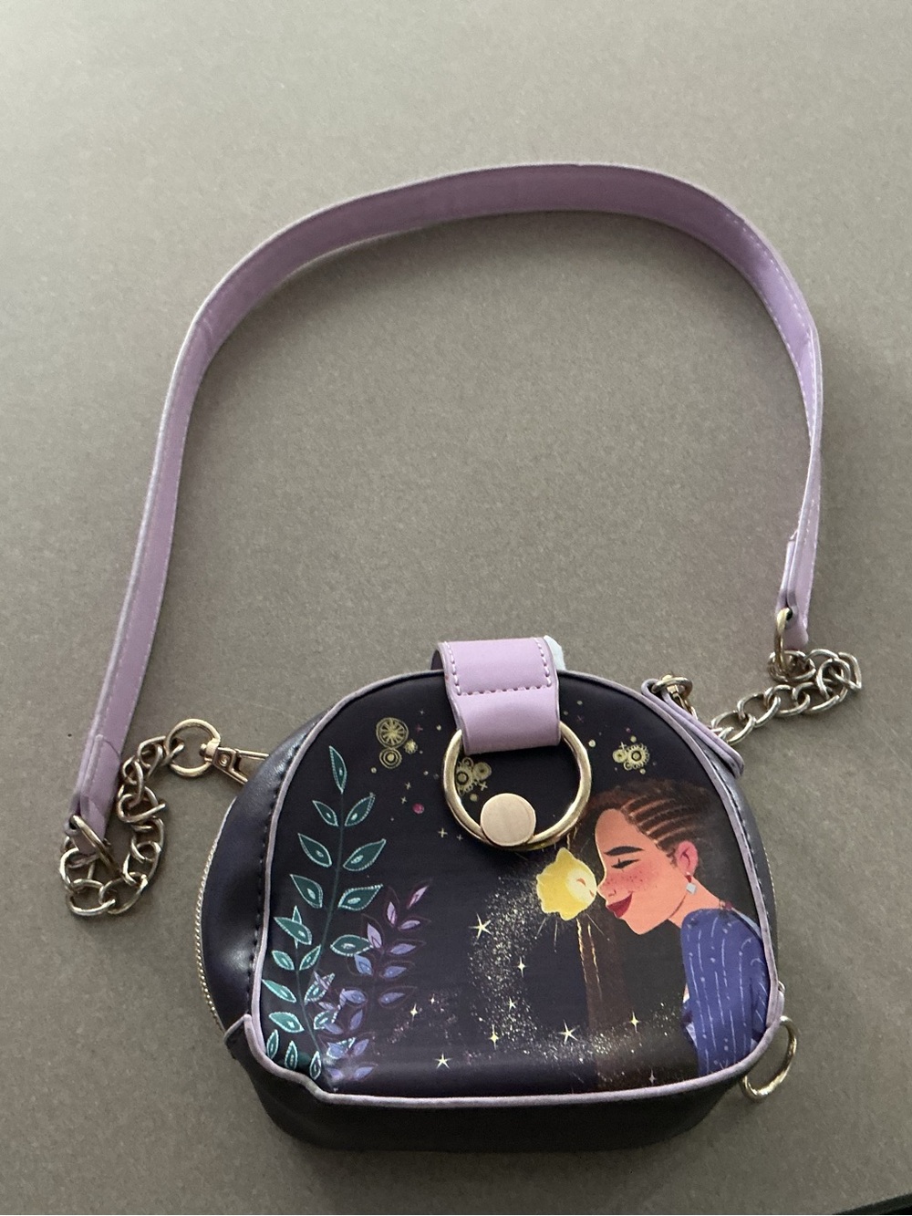Disney Lavender Mini Crossbody Bag with Illustrated Front and Gold Ring